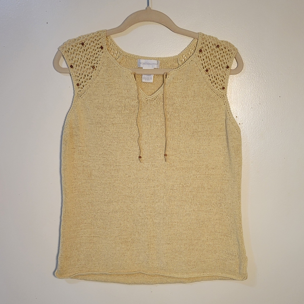 Worthington (VTG Women's XL Modern M) Cream Tan Knit Sleeveless Top w/Wood beads